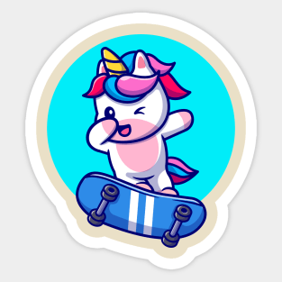 Cute Unicorn Playing Skateboard And Dabbing Cartoon Sticker